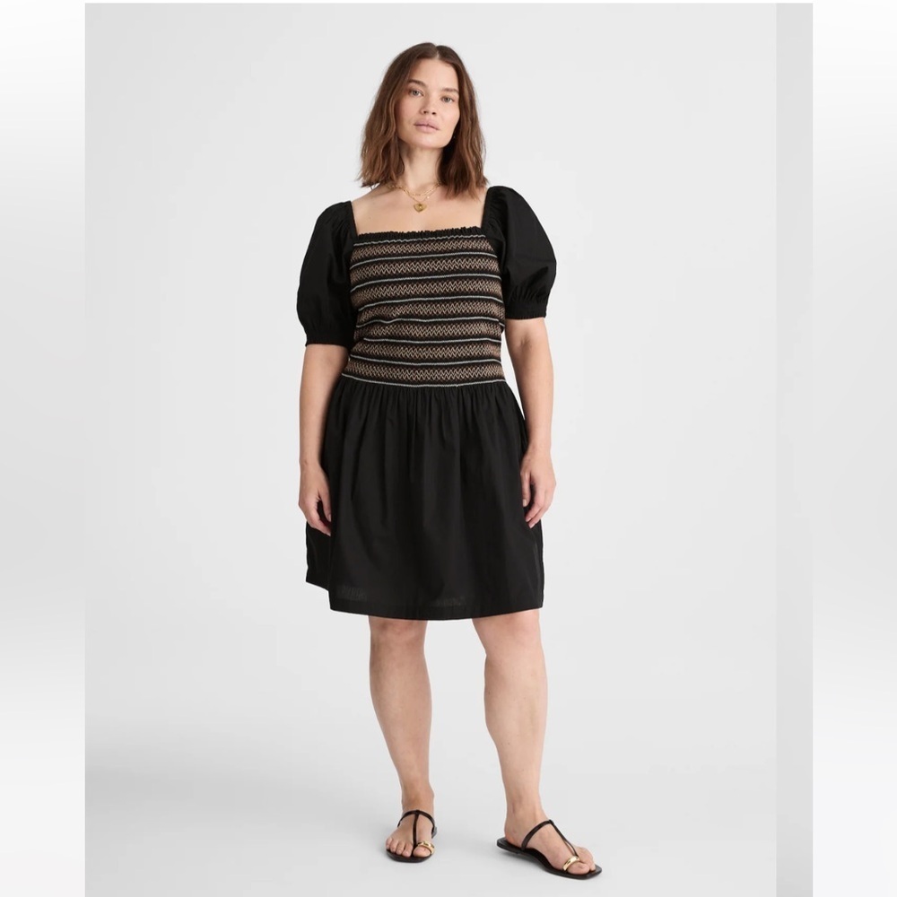 Madewell black smocked poplin cotton puff sleeve mini dress size M new